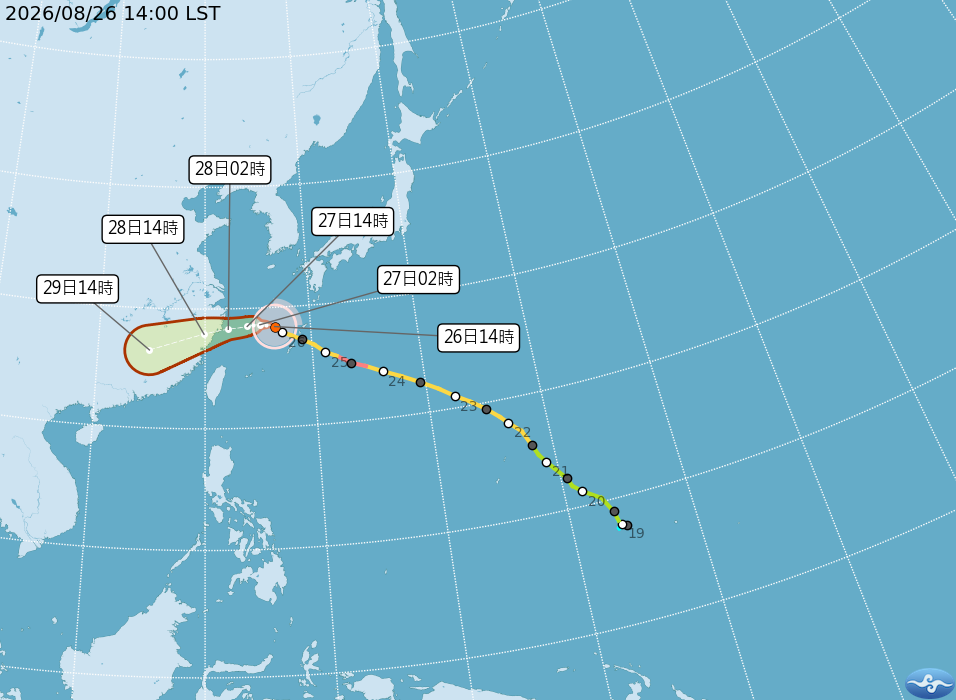 中央氣象署115年8月26日14分沙德爾颱風路徑預測