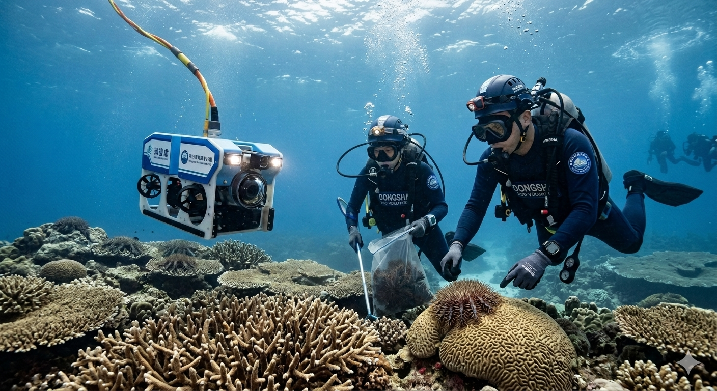 圖二、海管處將與科技進行結合,導入水下無人載具(ROV)進行棘冠海星的監測與調查。(AI生成示意圖)