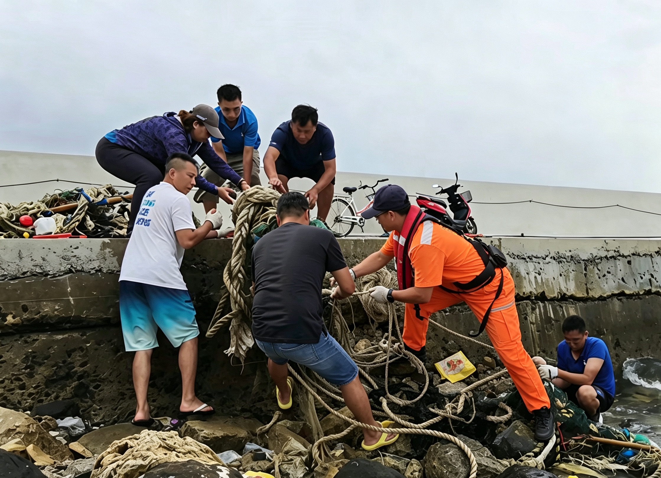 海管處嶼坪管理站與東嶼坪安檢所、國家公園警察小隊及當地民眾協力將廢棄物分解、分批搬運上岸。(呂俐慧小姐攝)